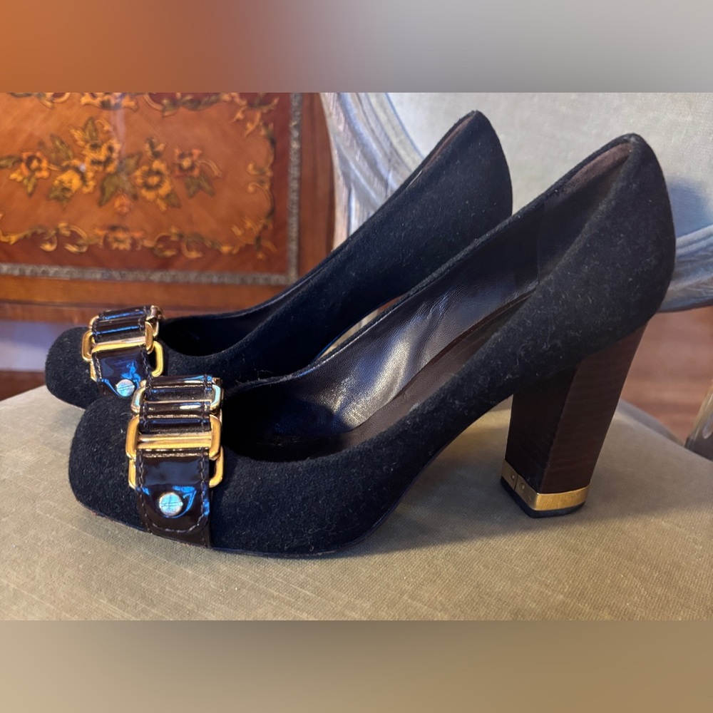 Tory Burch Laura Flannel Leather Pumps 6.5 Dark Brown